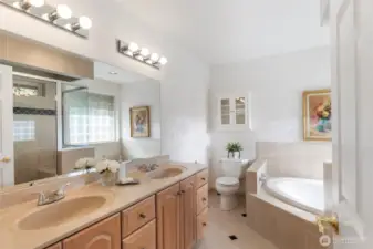 Primary bath with jetted tub, shower, and double sinks.
