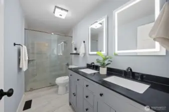 Roomy bathroom with double sinks!