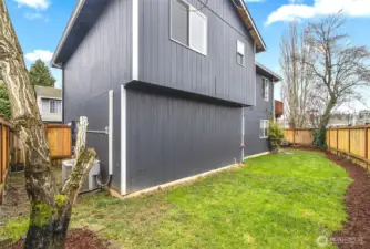 Backyard view. Fresh mulch.