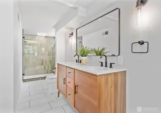 The primary bath is in keeping with today's modern style. Complete professional renovation.