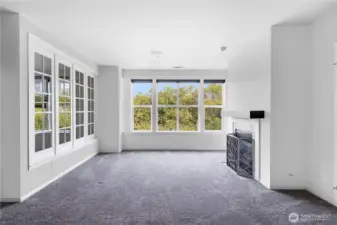 Living Room Has Gas Fireplace and Wonderful Windows Looking Out to the Park and City