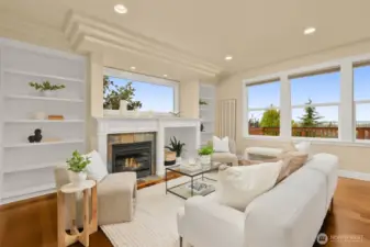 Warm and Light Filled family room + fireplace