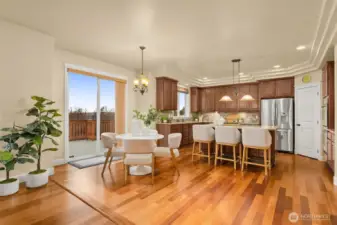 Open Chef's Kitchen with Island Breakbar and Dining space