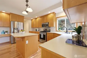 Tons of counter space to prepare any meal! Note the large windows by the sink providing a lovely view of the backyard. Over cabinet lighting as well! Plus outlets on the kithcen island just make everything easier!