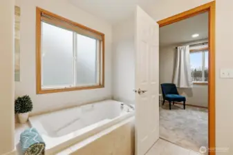 Relax and unwind in this spacious tiled bathtub! The shower is to the left.