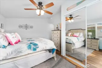 Another view of bedroom #2 with ceiling fan