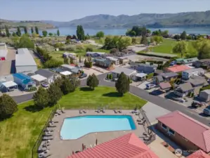 Drone shot of Clubhouse with pool