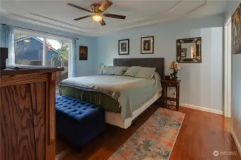 Huge Primary Bedroom With Tray Ceiling.