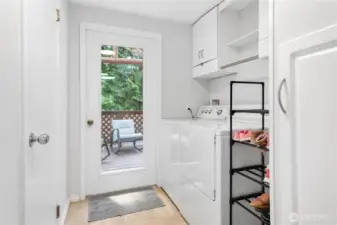 Laundry, storage and bathroom door is on the left