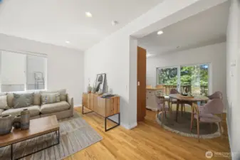 Looking toward the kitchen and dining area from the living room.