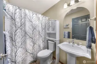 A calming full bathroom with soft neutral tones, pedestal sink, and charming tree-branch shower curtain brings both function and visual interest to this updated space.