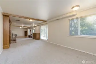 Family room in the finished basement with dining area and 2nd kitchen beyond, 3/4 bath behind - possible ADU?