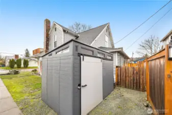 Storage shed for yard tools stays with home.