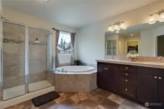 Primary bathroom ensuite.  Dual sinks and amazing tile work. Large walk in closet too
