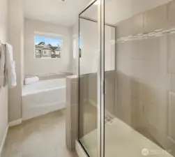 Luxurious primary bath with spacious shower and relaxing tub