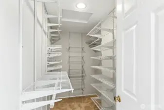 Primary closet.  All closets have built-ins.
