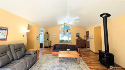 A propane fireplace adds a cozy wintertime feature.