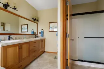 Primary bathroom with shower and double sinks