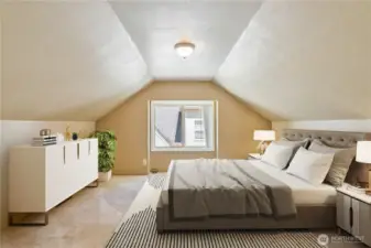 Virtually staged spacious bedroom with double closets