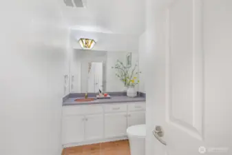 The main-level powder room features generous counter space, custom cabinetry, and tasteful finishes, combining practicality with style for guests and residents alike.