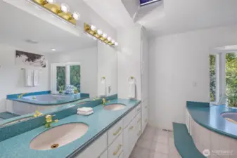 The primary bath offers a spa-inspired layout with dual sinks, abundant counter space, and bright natural light from overhead skylights. Its thoughtful design provides both function and comfort for daily living.