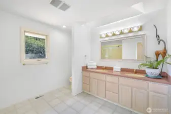 The secondary upstairs bathroom offers dual sinks, ample cabinetry, and tasteful finishes, providing convenience for household members and guests alike.