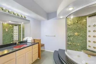 The adjacent lower-level bathroom offers a spa-like experience with a jetted tub, multiple shower sprays, and stylish finishes, adding luxury and convenience.