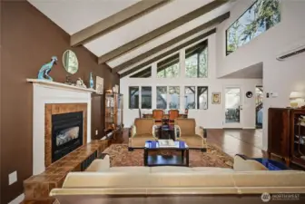 Dramatic beamed ceiling.