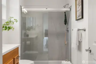 Brand new shower, countertop, flloor & light fixture