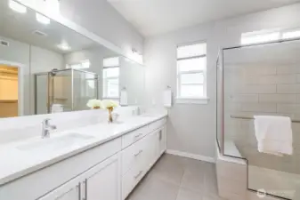 Primary ensuite bath with dual sink vanity