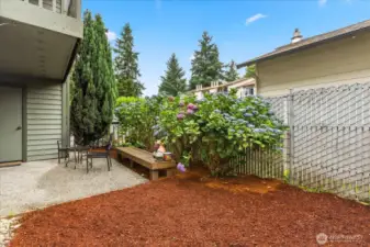 There is a water spigot for watering your own future veggie beds or maybe install pavers for more patio space? Enclosed area keeps pets safe.