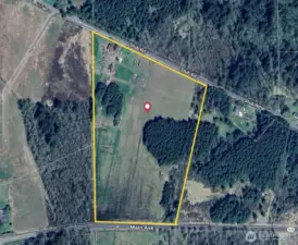 20 acres with woods, stream (on the right) and pastures.