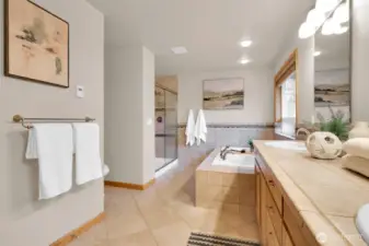 Bright primary bath with plenty of storage.