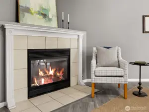 Gas fireplace adorns the second living area