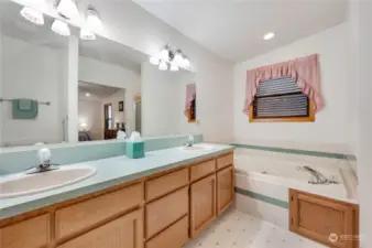 Walk-in shower, jetted tub, two sinks in Owner’s Suite