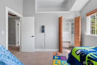 This room features vaulted ceiling, California closet system and upper loft/storage area. Imagine that upper area with a safety rail and ladder. How fun would that be?