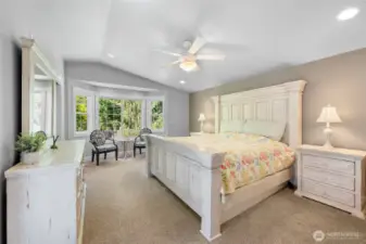 Now we check into the oversized Primary Suite. And how Sweet it is! This room features...everything! Vaulted ceiling, ceiling fan, bayed windows, Walk-in closet, and 5 piece ensuite.