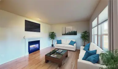 Second side of the stunning double-sided gas fireplace, creating a cozy ambiance in the formal living room. Offering a bright and serene atmosphere perfect for relaxing or entertaining. Photo is virtually staged.