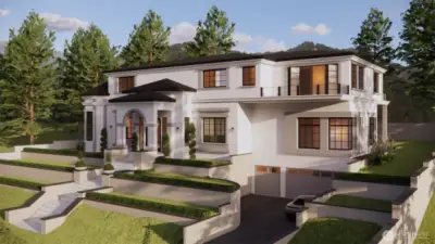 New house plan - front view with garage visible