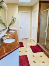 Large Primary bathroom with walk-in shower and double vanity.