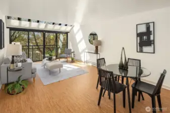 The living room exudes style, enhanced by distinctive cork flooring that offers an elevated and unique flair.