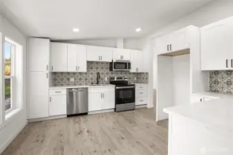 New Kitchen, white cabinets, tile backsplash