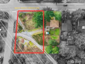 Aerial drone view showing approximate property lines and lot size.