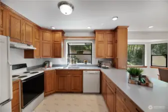 The kitchen is an entertainer's delight! It  features solid wood, nicely crowned oak  cabinets, a garden window. Hard surface  countertops and ample counter space. A  pass-through cabinet for use in the kitchen or  dining room provides great flexibility!