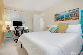 The second bedroom is large enough to have a good-sized bed and a home office space (seller currently works from home).