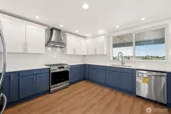 Brand new everything! Beautiful subway tile to the ceiling, custom stove hood, gas cook stove, quartz counters and so open!
