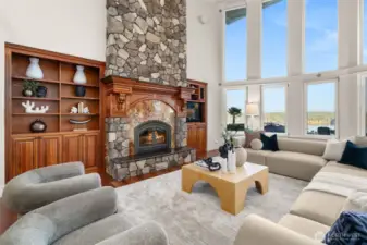 Cozy up around the wood burning fireplace.