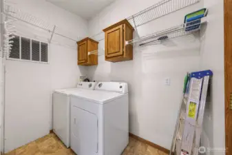Furnace is behind the cover seen at left, yes the washer and dryer will stay.  This is a nice storage area for your supplies and has a space for an organizer where the ladder (not included) is shown.  Nice storage racks already installed for you.