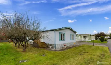 #11 is waiting for you!  This home site has mature fruit trees, seen to the left.  Front porch is on the east side.  Mountain Vista Park has pole night lights throughout (seen to the right.  You provide the replacement light bulbs, they provide the electricity to it).