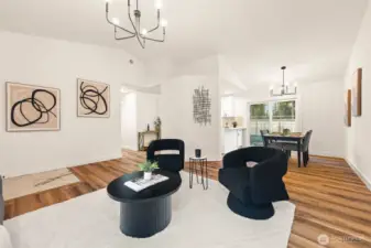 Look into the dining area and out to your backyard